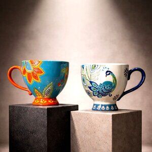 Colorful Dutch Wax Ceramic Coffee Tea Mugs Set Of 2 With Floral Peacock Design